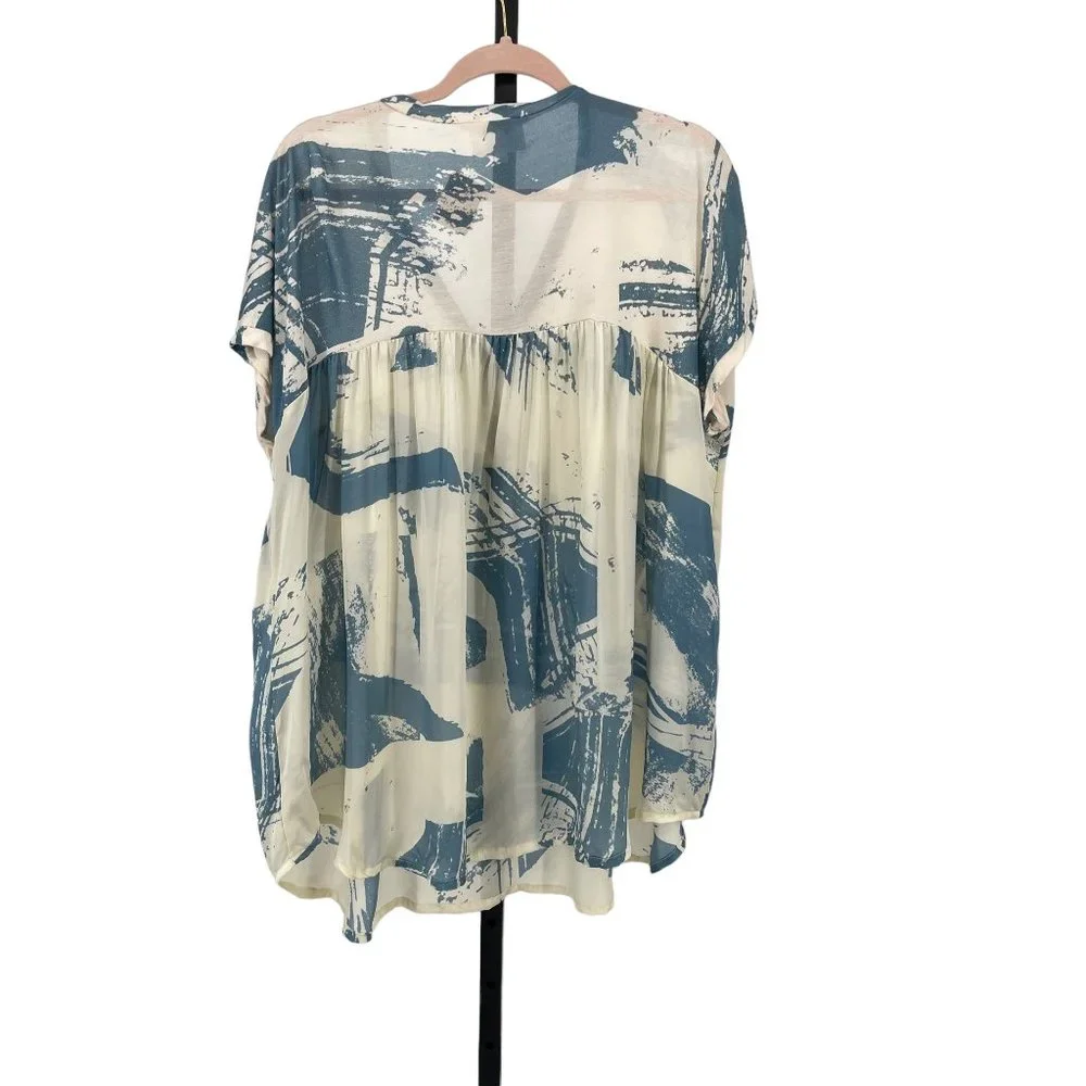 Johnny Was Biya Silk & Knit Popover Blouse Top Womens S Oversize Watercolor Blue - Picture 3 of 8